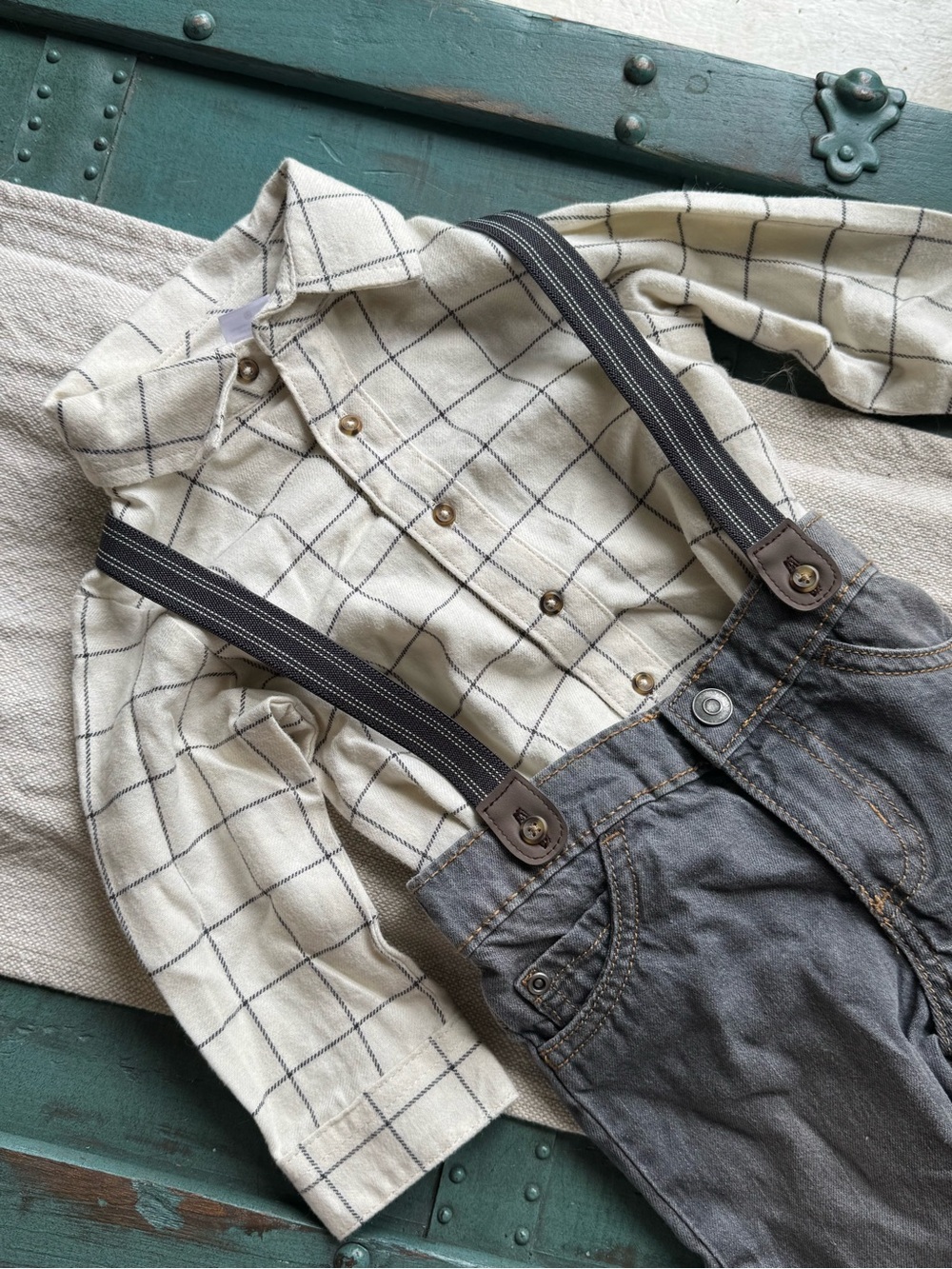 Carter's Cream Windowpane Shirt with Gray Suspender Pants
